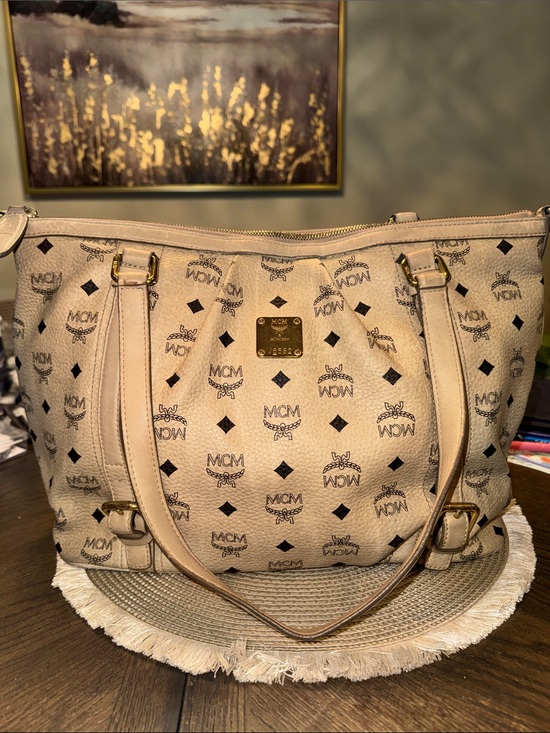 MCM Handbags - MCM Visetos Beige Monogram Shoulder Bag with Gold Hardware